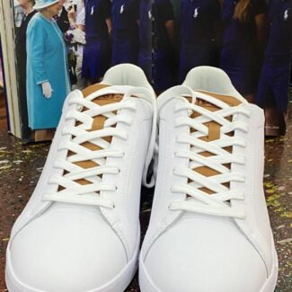 Ralph Lauren Small Pony Sneakers – White with Multicolor Logo & Brown Accent