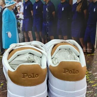 Authentic Ralph Lauren Small Pony Sneakers – White with Colorful Pony & Brown Detail