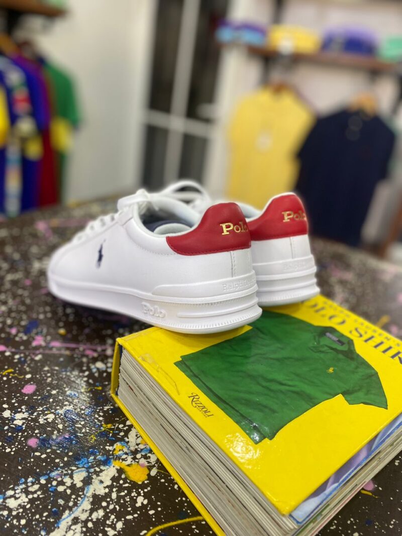 Ralph Lauren Small Pony White Sneakers – Blue Logo with Red Accent