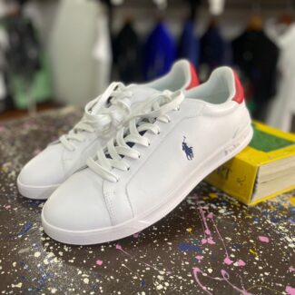 White Small Pony Sneakers – Blue Polo Logo & Red Trim