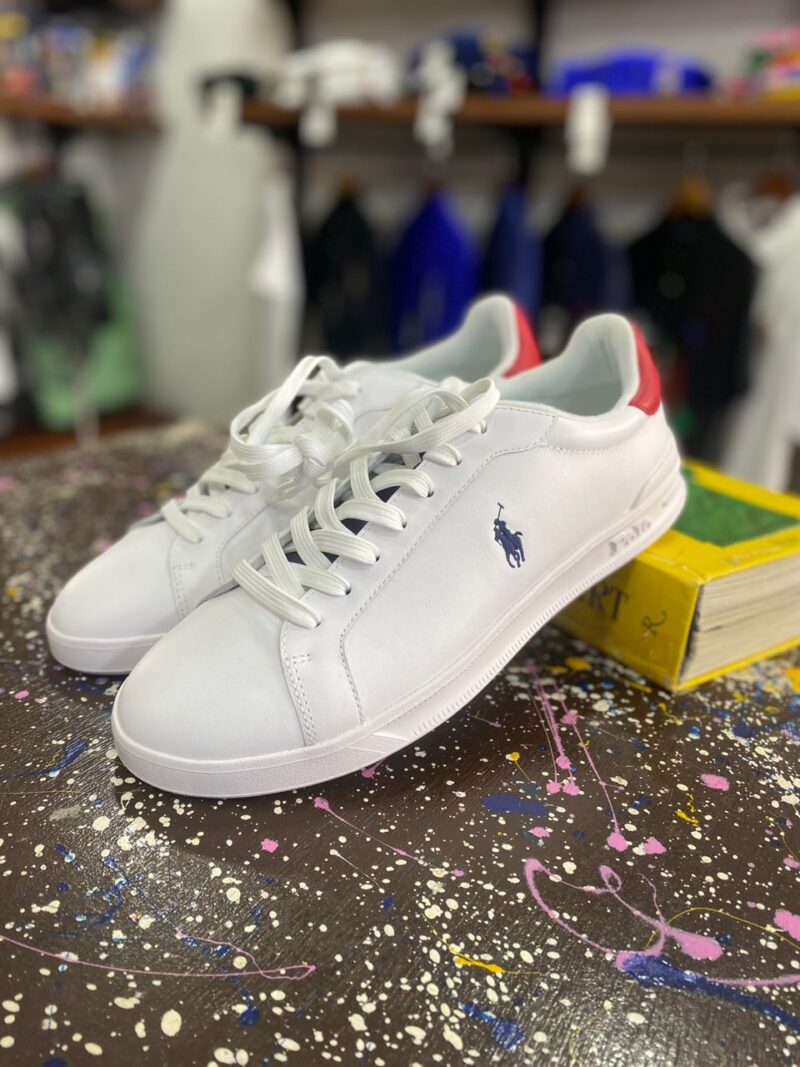 White Small Pony Sneakers – Blue Polo Logo & Red Trim