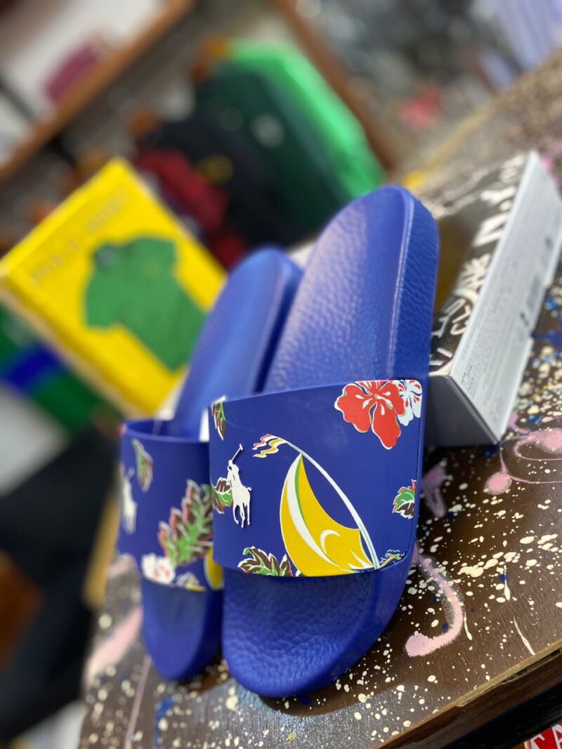 Ralph Lauren Polo Slides in Navy with Flower Design