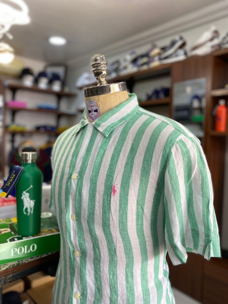 GREEN STRIPE LINEN SHORT SLEEVE SHIRT