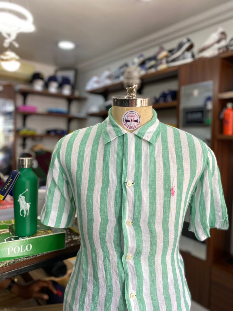GREEN STRIPE LINEN SHORT SLEEVE SHIRT